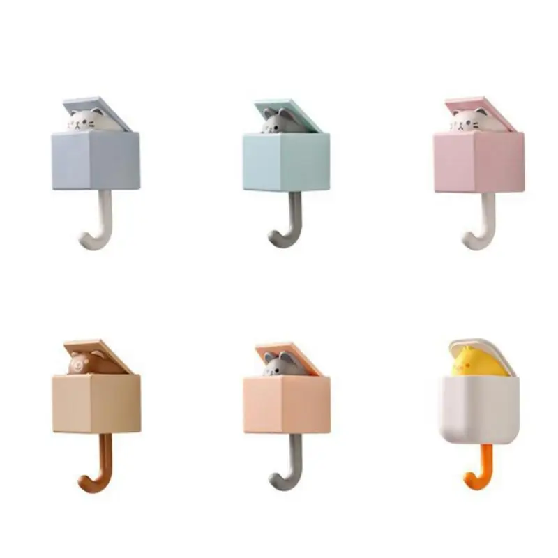 1/6pcs Cute Wall Hooks Key Holder Door Hanging Plastic Self Adhesive Wall Hanger Cartoon Cat Shape Hook For Kids Room Home Decor