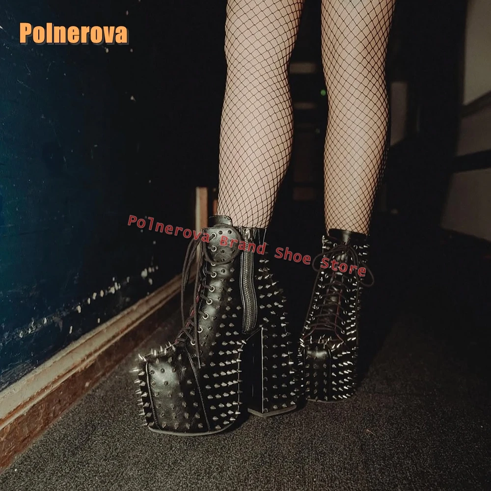 

Черные ботинки на платформе со шнуровкой и заклепками, круглый носок, блочный каблук, боковая молния, панк, темный крутой стиль, женские модные ботильоны, весенняя обувь 2025 г.