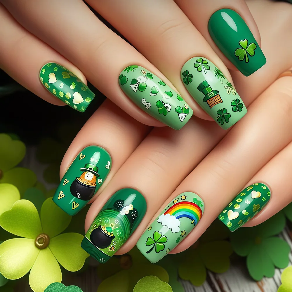 Uñas postizas medianas para mujeres y niñas, diseño de sombrero con flora verde, para el Día de San Patricio, forma cuadrada almendrada, uñas postizas a presión
