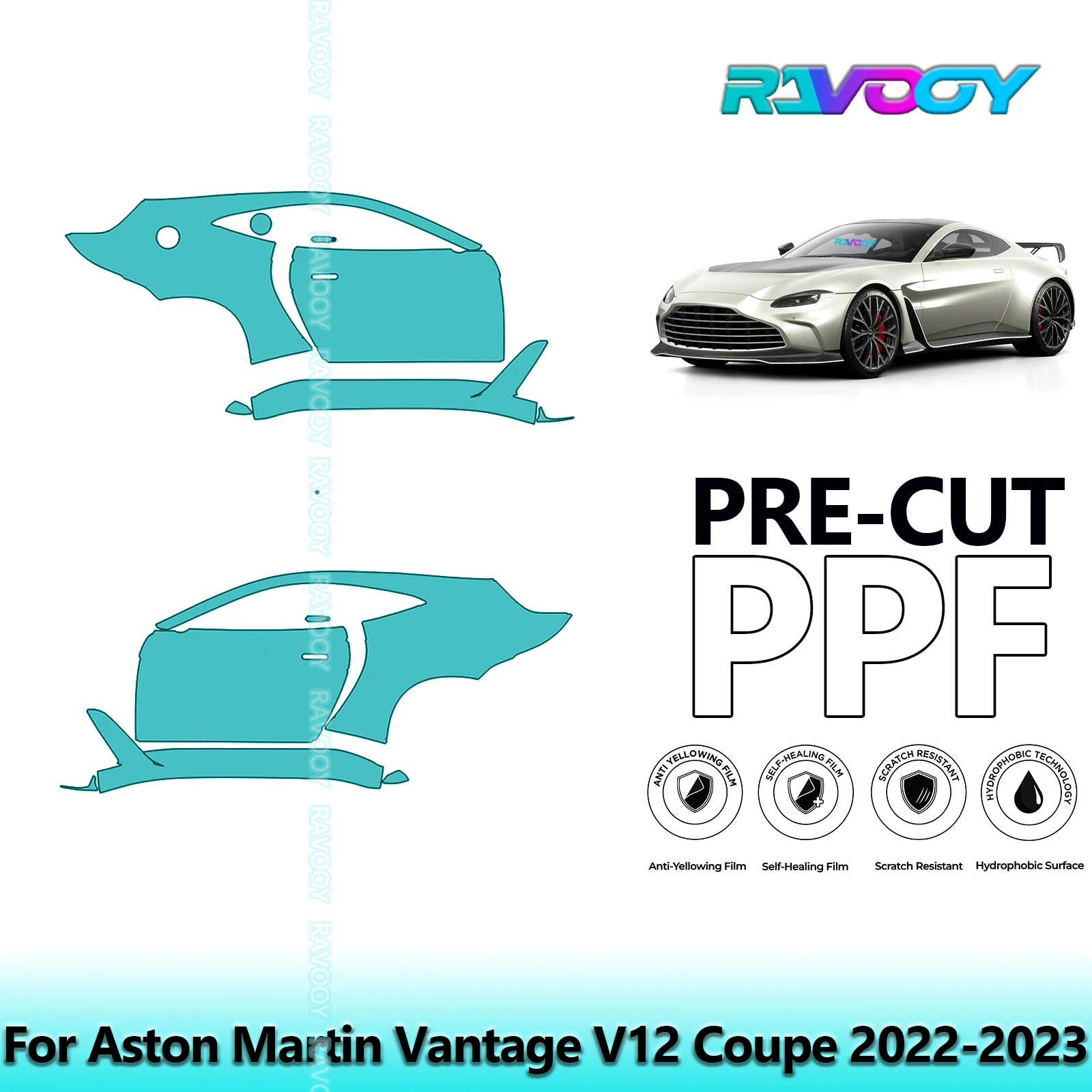 

For Aston Martin Vantage V12 Coupe 2022-2023 8.5mil Clear Matte Pre-Cut PPF Door & A/B Pillar Kit TPU Paint Protection Film Set