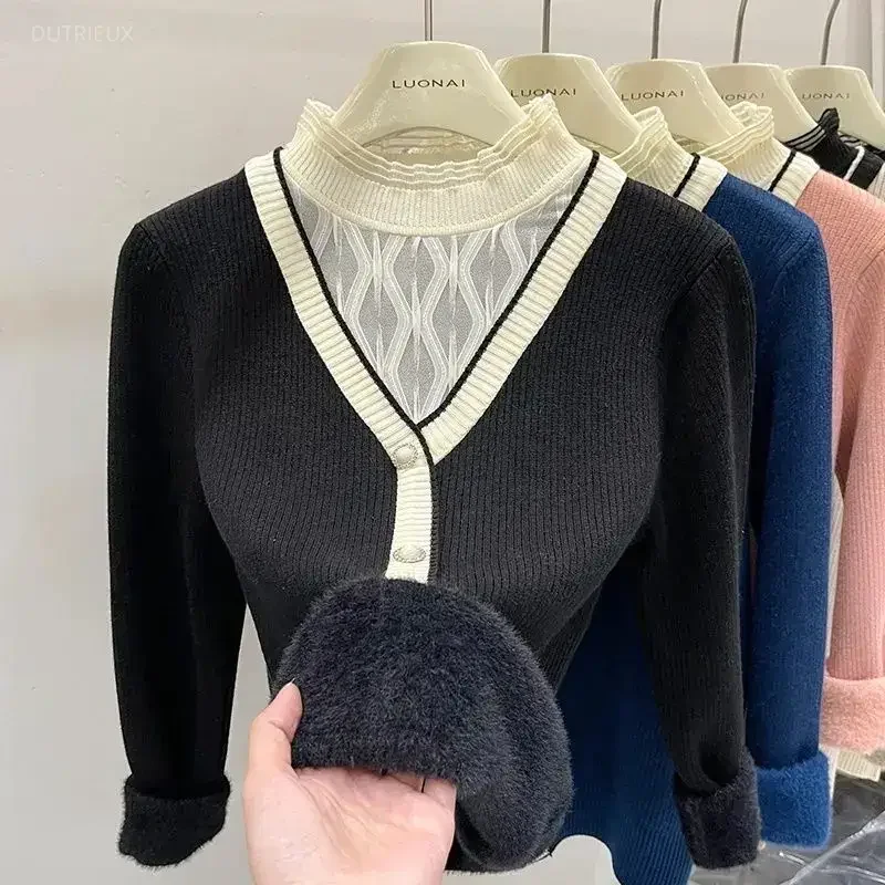 New Autumn Winter Fashion Temperament Women Fake Two Piece  French Spliced Mesh Half High Neck Knitted Hoodies High End Sweater