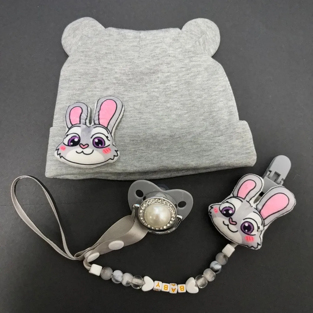 Newborn Cartoon Pacifier with Custom Clip and Hat 3 in 1 Set Soft Silicone Soother BPA Free Cute Knit Cap Baby Essentials 0-18M