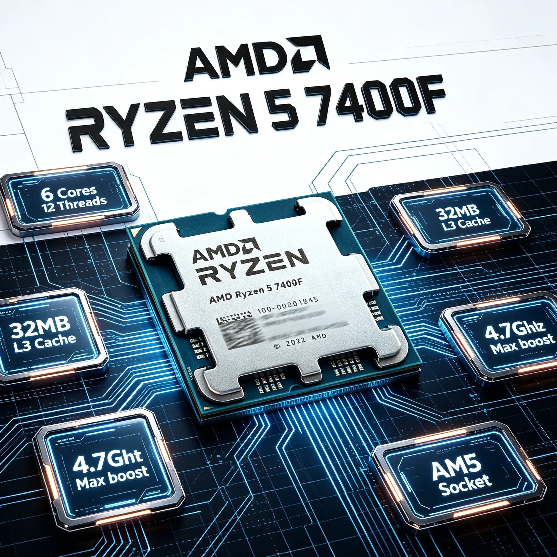 AMD R5 7400F AM5 Platform CPU 6C/12T Zen4 5nm DDR5 PCIe 5.0 32MB L3 Cache Upgrade Path to Zen5 65W TDP