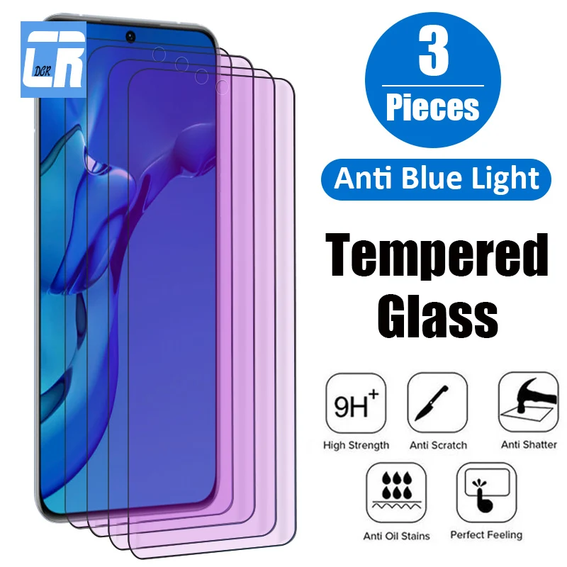 3Pcs Anti-blue Light Full Cover Screen Protector for Huawei P50E P40 P30 P20 P10 Mate 70 60 50 50E 30 20 10 Lite Pro Glass