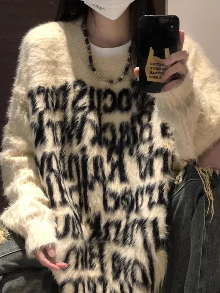 

Мужской свитер оверсайз в американском ретро-стиле, осенне-зимний, свободный, парный, вязаный, повседневный, утепленный, с длинными рукавами, круглым вырезом