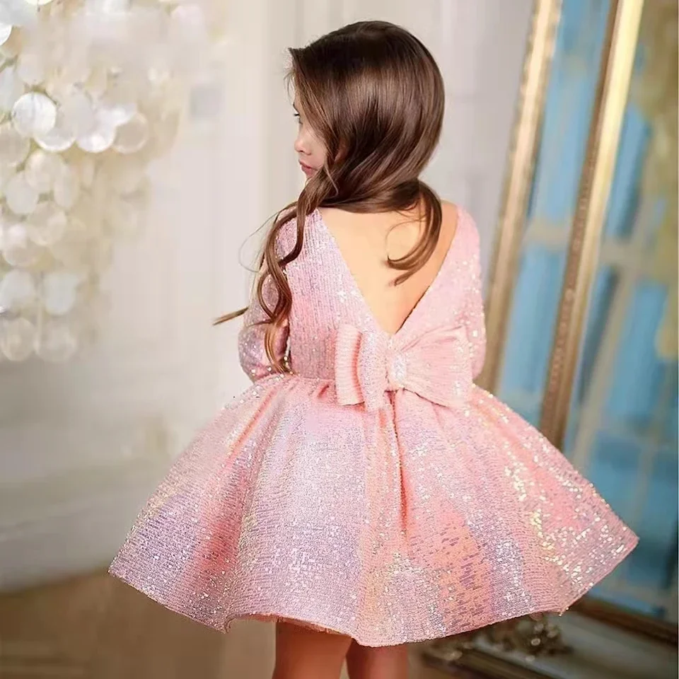 Gold Elegant Dresses For Girls 1T-14T Baby Lush Princess Girl Party Dress Luxury Puffy Birthday Sequin Dress For Children Girls