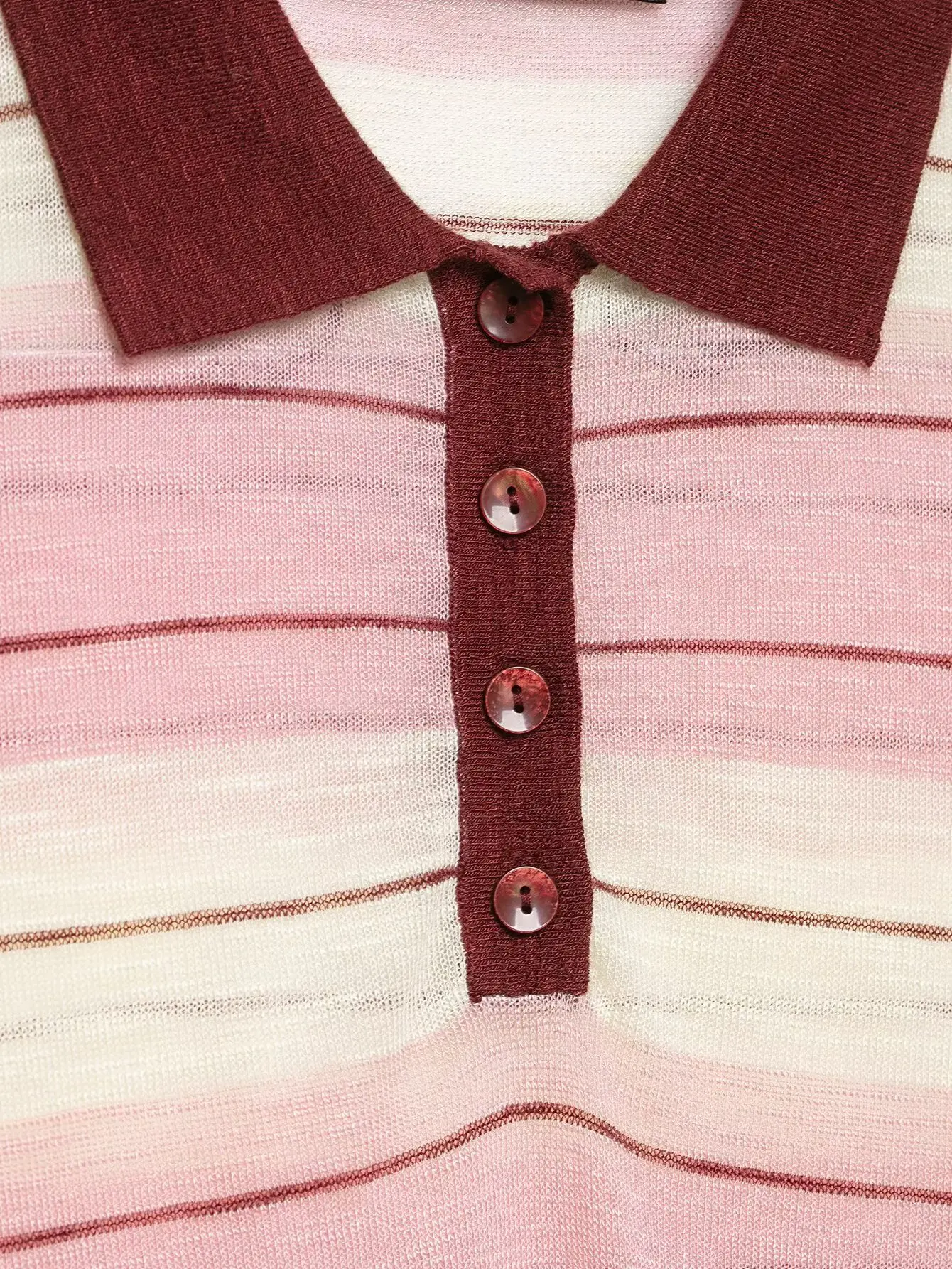 BSAY Elegantes, gestreiftes Strick-Polo-Top für Damen mit Farbblock-Design, kontrastierendem burgunderrotem Kragen, kurzen Ärmeln und halbem Knopfverschluss, Sommer-T-Shirt für den Alltag – Detail 5