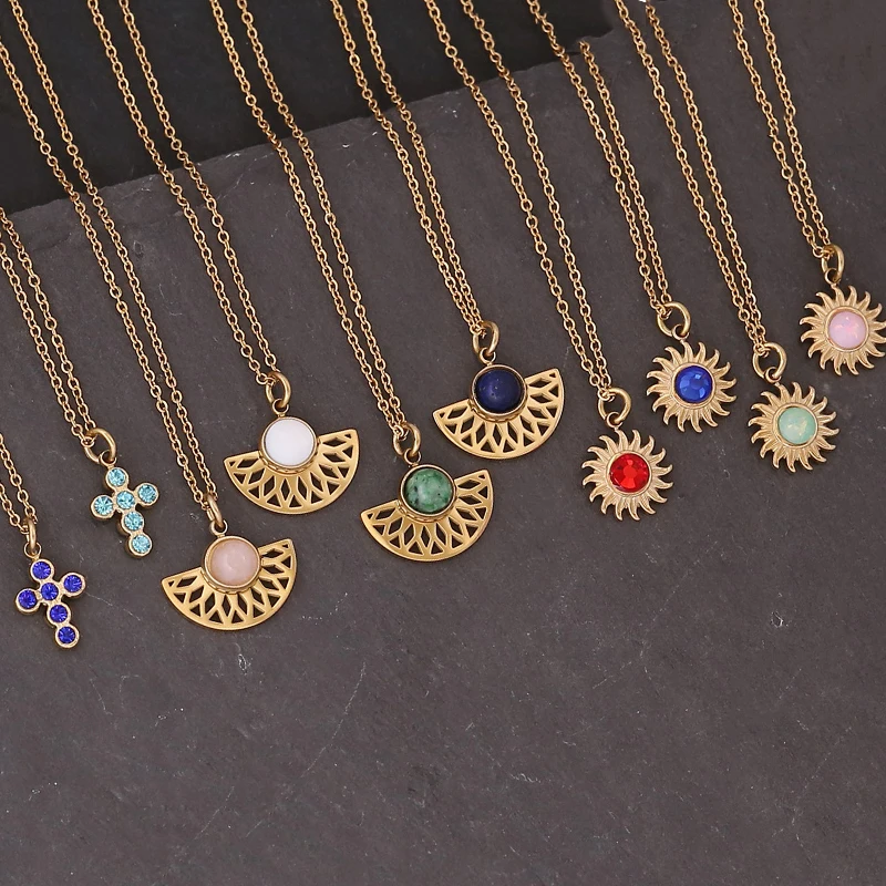 

Natural Stone Vintage Necklace Cross Sunflower Sector Pendants Gold Color Stainless Steel Necklace Bohemian Jewelry for Women