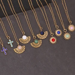 Natural Stone Vintage Necklace Cross Sunflower Sector Pendants Gold Color Stainless Steel Necklace Bohemian Jewelry for Women