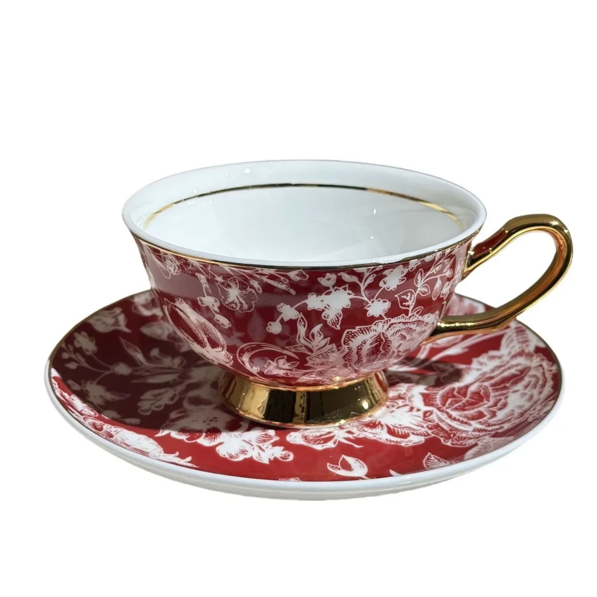Bone China Coffee Cup & Saucer Set, European Gold Trim Rose Floral Mug, Luxury Afternoon Tea Set, Anniversary & Holiday Gift