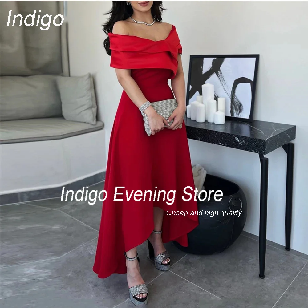 Indigo Evening Dress High-Low Off The Shoulder V-Neck Pleat Crepe Open Back 2024 Prom Gown Formal Occasion Dress فساتين السهرة