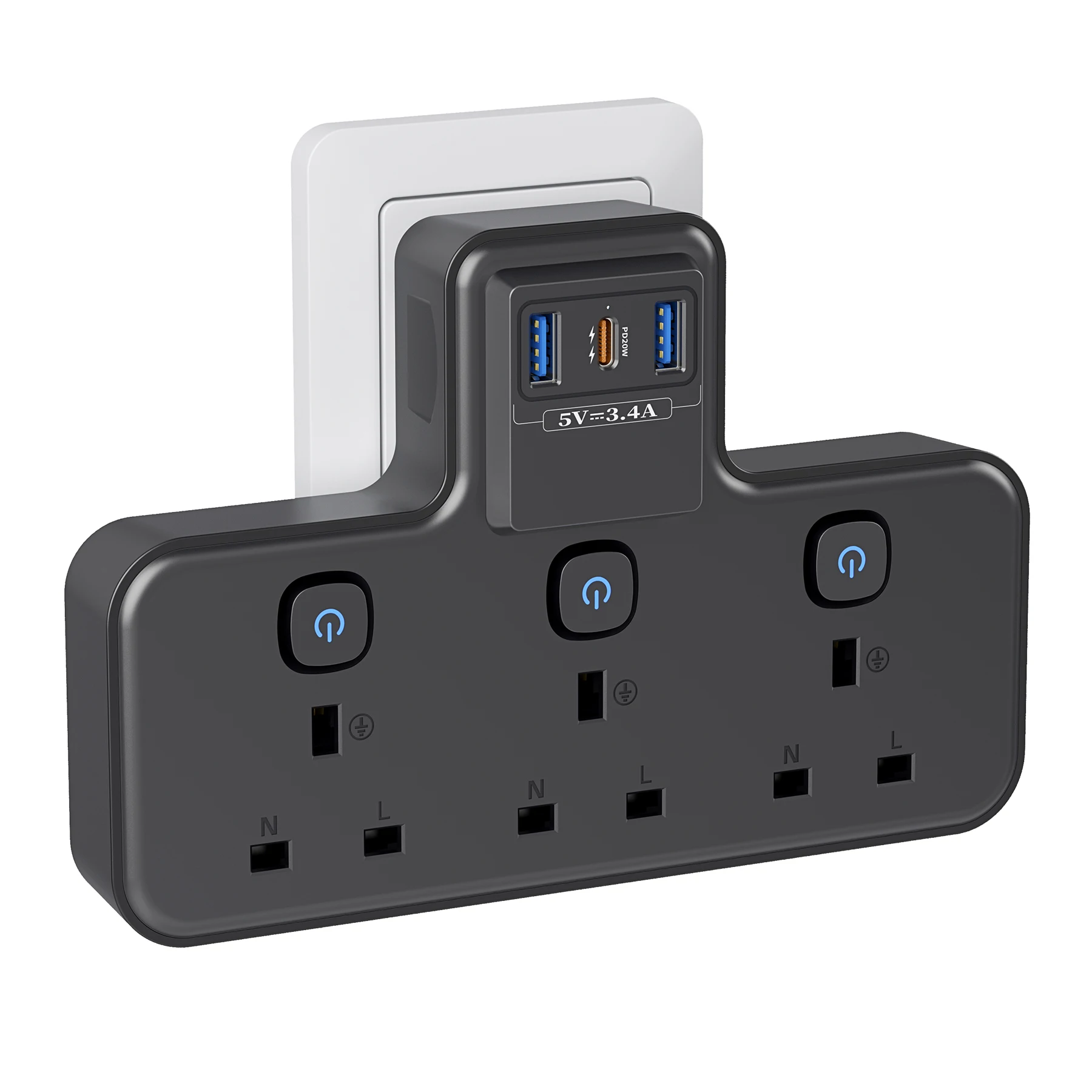 UK Standard three socket expander (3250W), with separate switch, 20W USB-C fast charge port, suitable for home and office use.