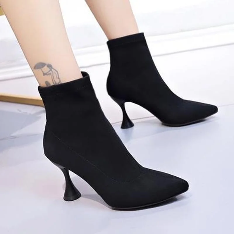 

Simple Fashion Stretch Socks Boots Women's High Heels Shoes Knit Socks Boots Skinny Women Pointed Autumn and Winter Short Boots