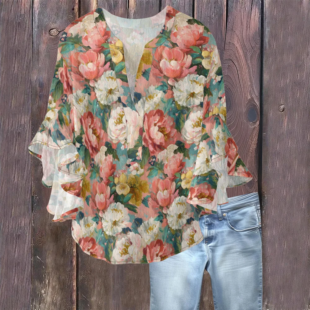 鮮やかな花柄 エレガントなフレンチスタイル ブラウス Vネック フラッタースリーブ ロマンチック ヴィンテージ レトロ レディース トップス カジュアルまたはデートナイト