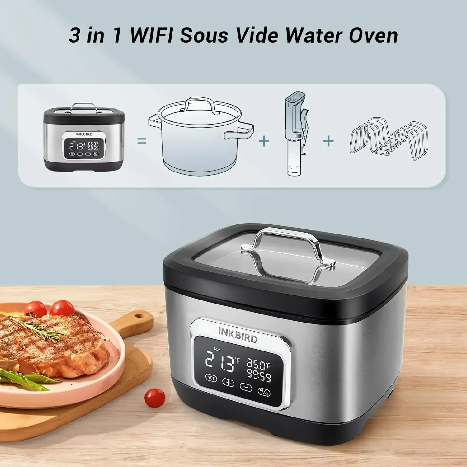 Wi-Fi Sous Vide Oven with Rack Divider, 3D Electromagnetic Water Circulation, 700W Preset, 3 in 1