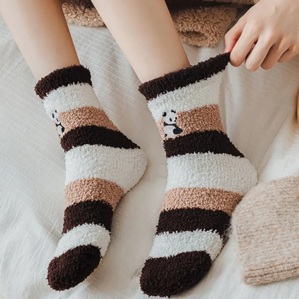 Mid Tube Socks Harajuku Style Panda Embroidery Coral Fleece Home Sleeping Socks Floor Socks Autumn Winter Socks Women Socks
