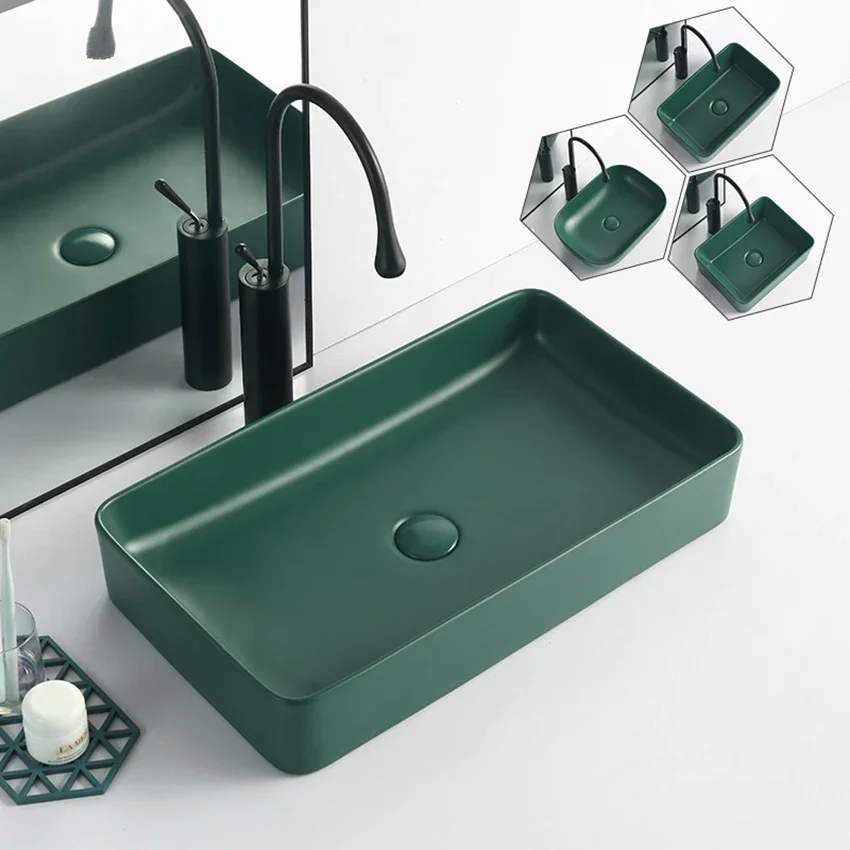 

610*350*110MM Dark Green Matte Ceramic Washbasin Bathroom Sink Balcony Washbasin Kitchen Countertop Basin With Faucet