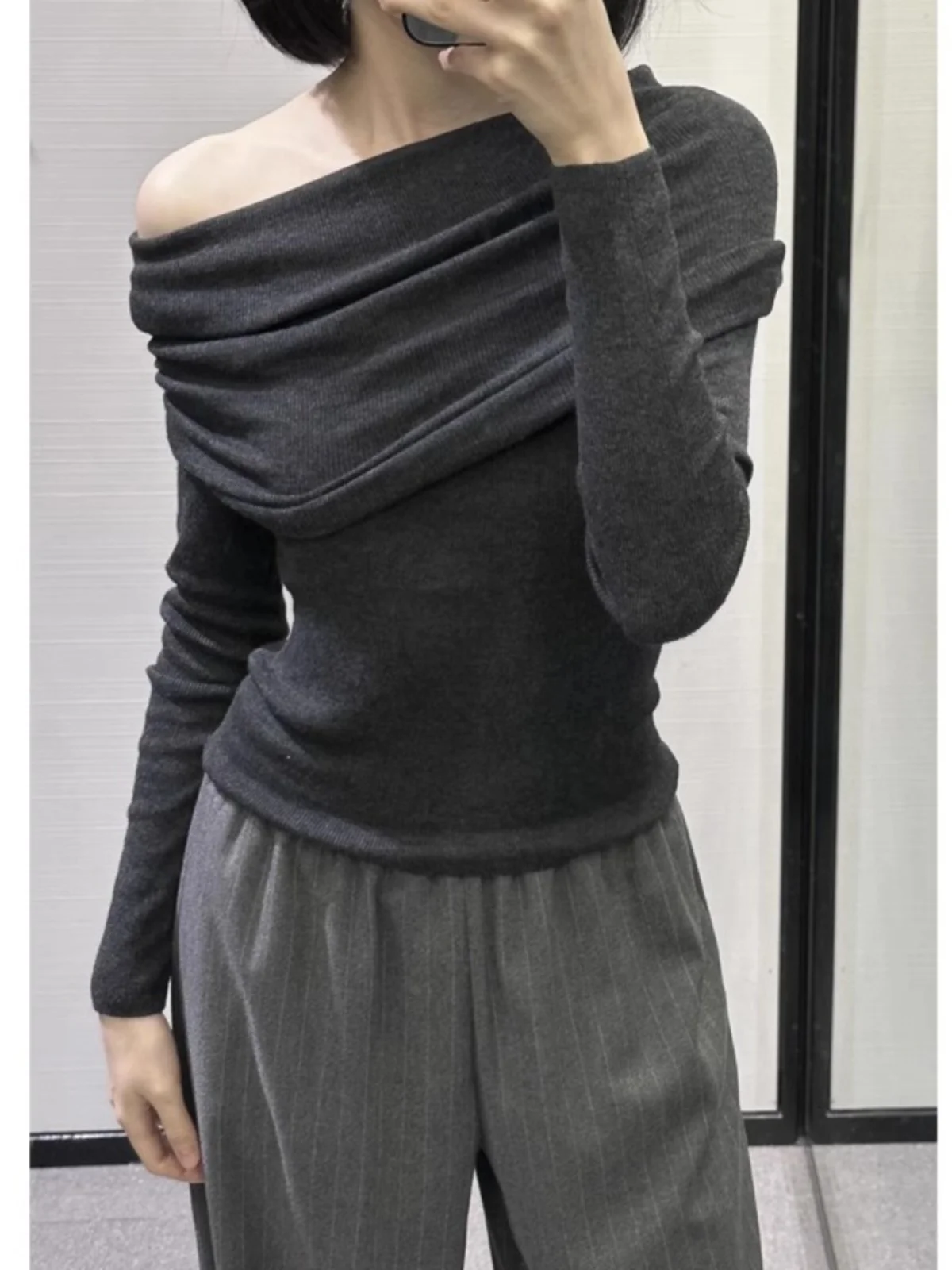 Otoño Invierno nueva llegada mujer tejido oulder Bared Long Sve One oulder Top Slim Fit dulce Sle producción china