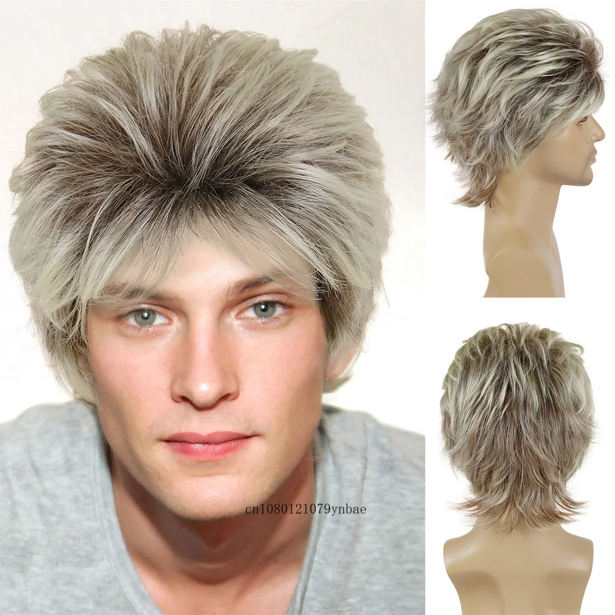 

Short Ombre Blonde Wigs Synthetic Hair Bouncy Wig with Bangs for Men Heat Resistant Fiber Daily Party Costume Natural Looking