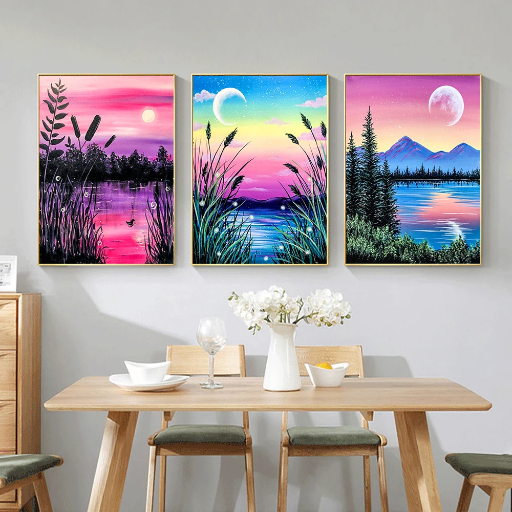 طقم طلاء ماسي على شكل بحيرة غروب الشمس، أضواء شمالية، فسيفساء مرصعة بالألوان المائية، منظر طبيعي لتزيين جدران المنزل، هدية يدوية