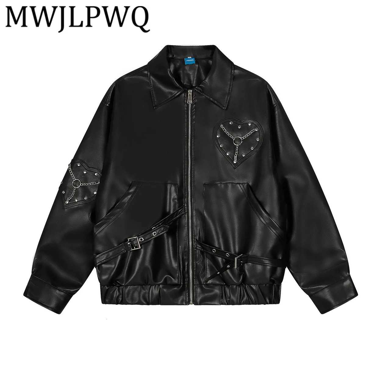 

MWJLPWQ Американская панк-стрит из искусственной кожи, мотоциклетная куртка, мужская свободная повседневная куртка с металлическими лацканами и длинными рукавами, новинка осени 2021, 21344