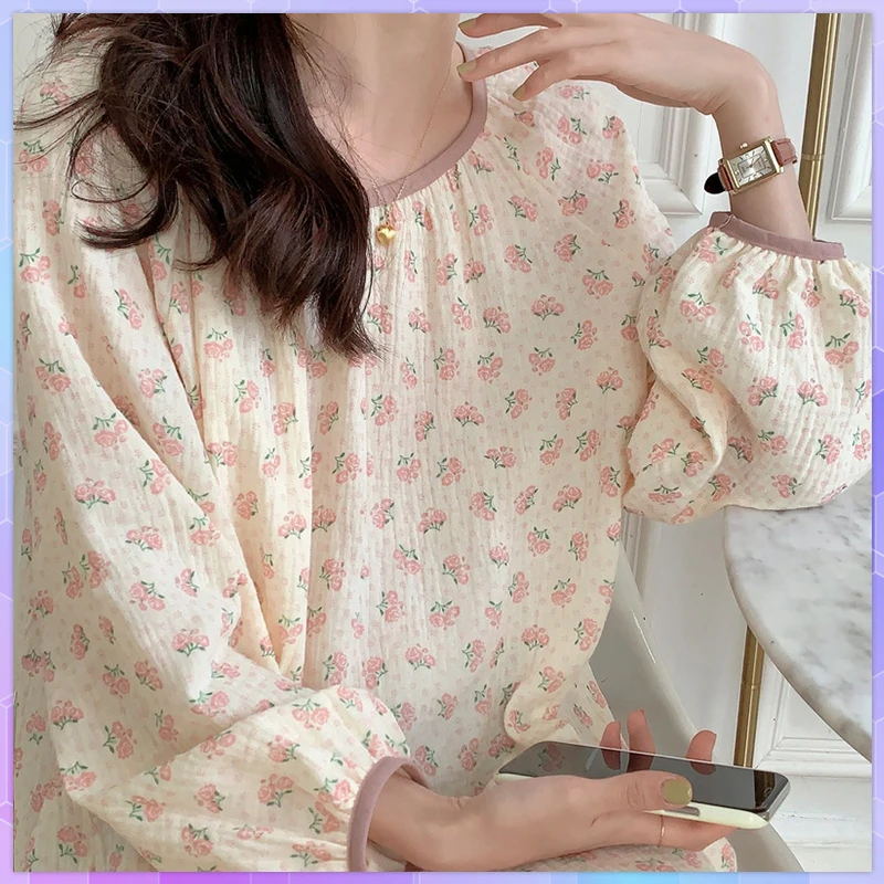 

Vintage Cartoon Cotton Sleepwear Women's Long Nightgowns Cute Nightwear Loose Nighty Spring Autumn Summer Homewear Nightdress