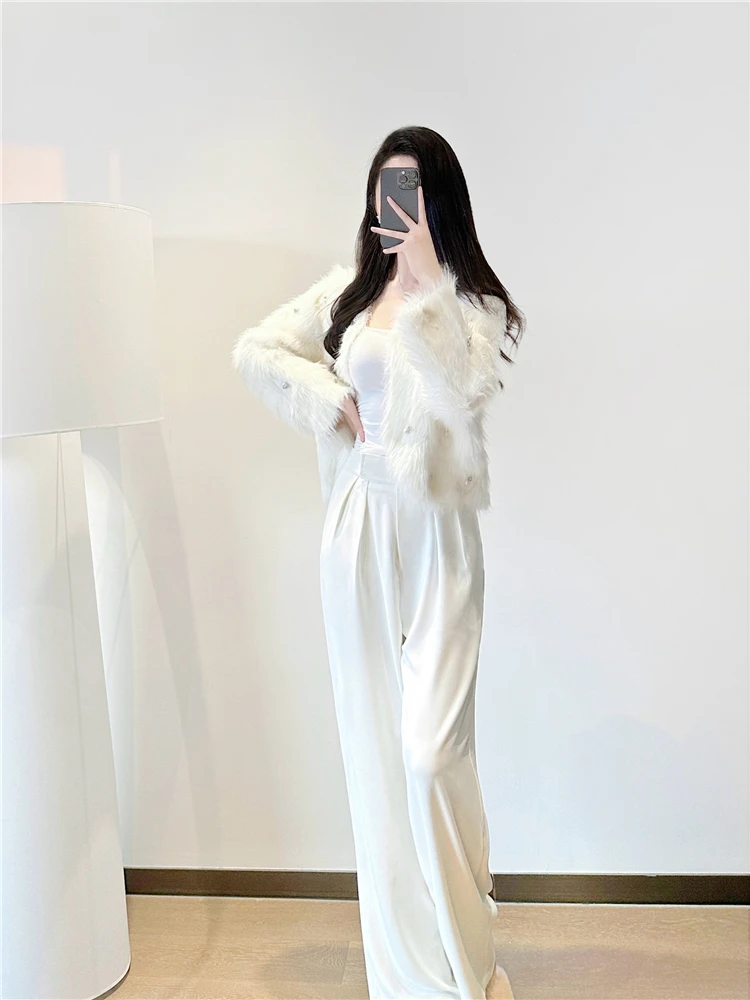 

Elegant White Knitted Sweater Women's Fashion 2024 Winter Thickened Warm Long Sleeve round Neck Coat Eco-friendly Faux Fur Ca...