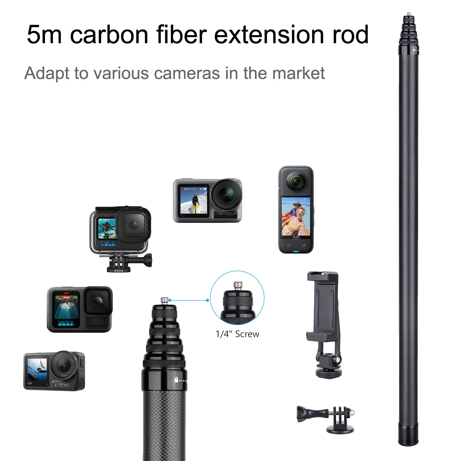 5M Carbonfaser Unsichtbarer Selfie-Stick, 1/4-Zoll-Schraub-Teleskopstange für Insta360 X5X4, DJI Action, GoPro – Detail 2