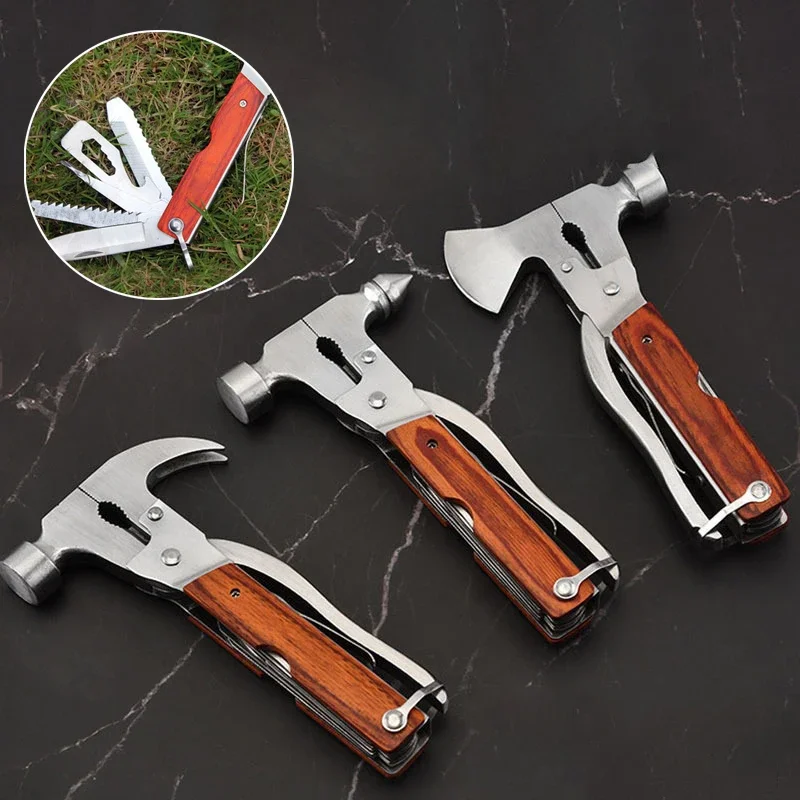 Martillo de hacha de emergencia multifuncional portátil de acero inoxidable para exteriores, herramienta de primeros auxilios para acampar