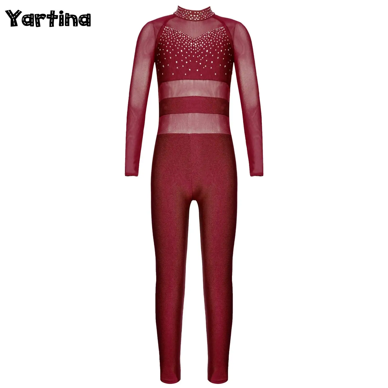 Girls Gymnastics Unitard Ballet Dance Outfits Sheer Mesh Long Sleeve Bodysuit Rhinestone Dance Jumpsuit Figure Skating Costume