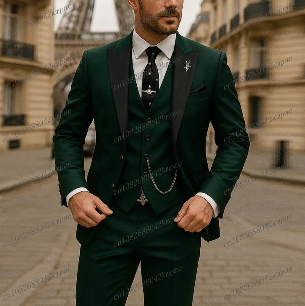 

Black Collar Dark Green Formal Men Suit Groom Groomsman Wedding Party Prom Business Male Tuxedos 3 Piece Set Blazer Vest Pants