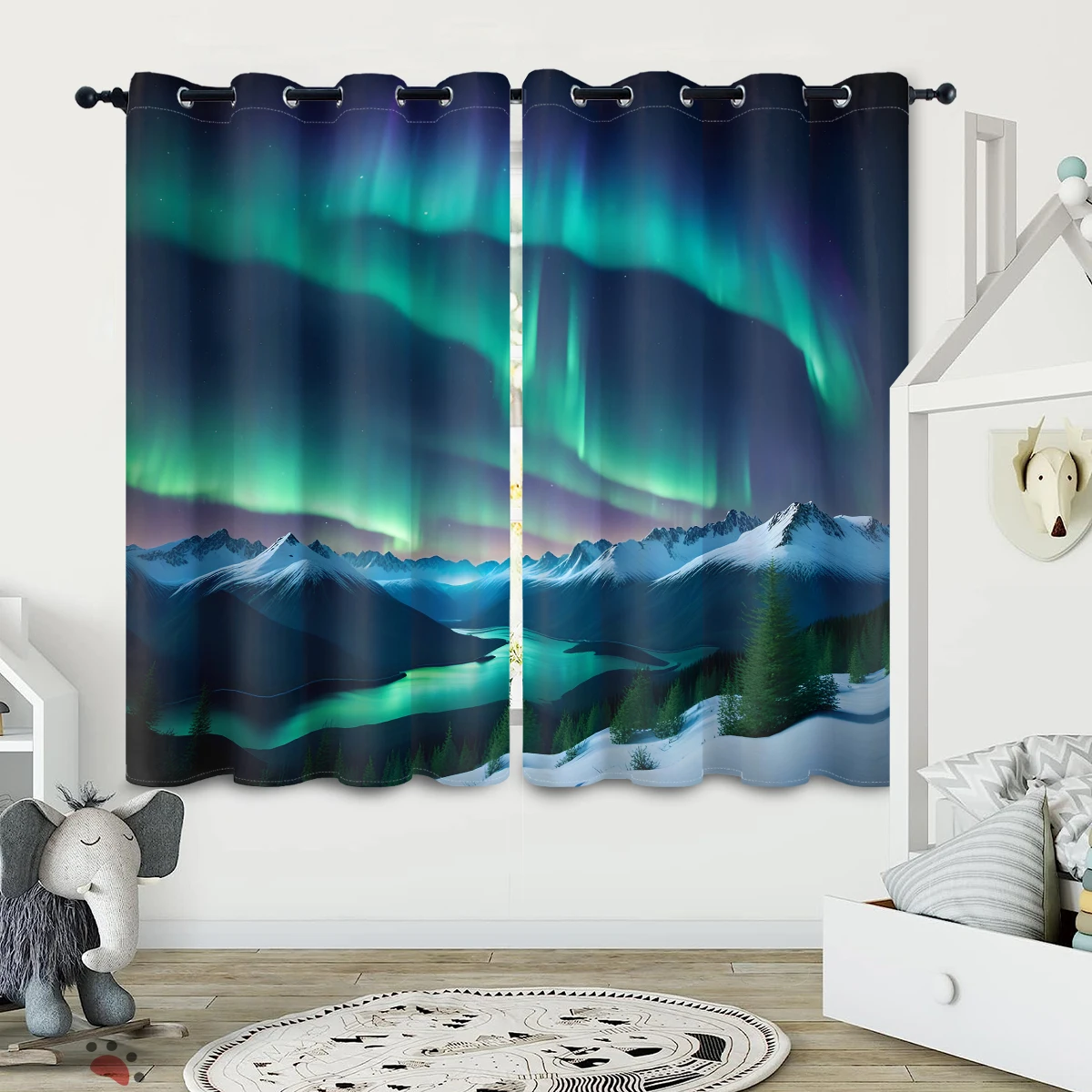 2PC high blackout perforated polyester curtain, double-sided matte, left and right facing, beautiful Nordic scenery aurora