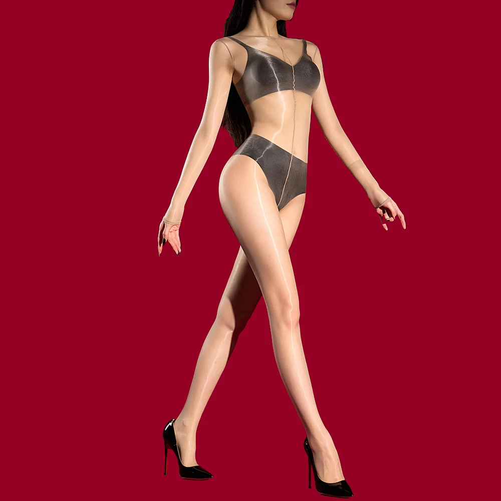 Women 640 Pin High Density Bodysuit Oil Shiny Elastic Tights Open Crotch Yoga Shaping Jumpsuit High Collar Maid Leotard Leggings