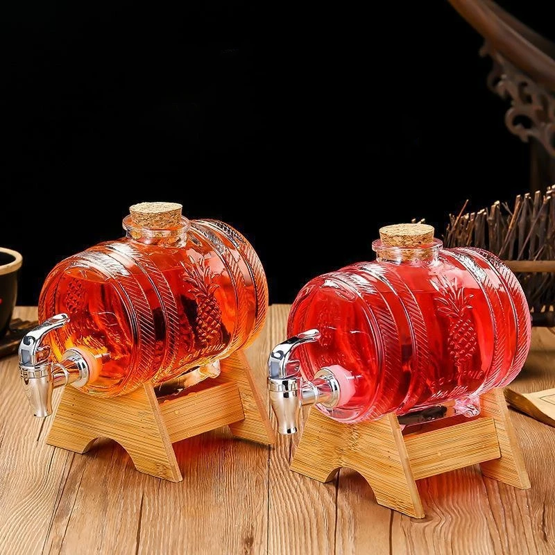 1L Glass Whiskey Barrel Wine Barrel Beer Bottle Fruit Aging Alcohol Honey Storage Container With Base Faucet Barware view 3