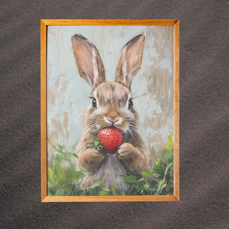 1pc frameless Canvas Painting Easter rabbit strawberry Print, Spring bunny vintage Prints Wall Art, Easter Bunny Print Cute East