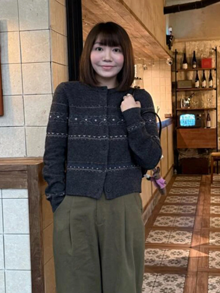 

Korean Sle Fair Isle Knitted Soft Cozy Women's round Ne Sweater Autumn Winter Outerwear High Sensation Outer Layer Cardigan