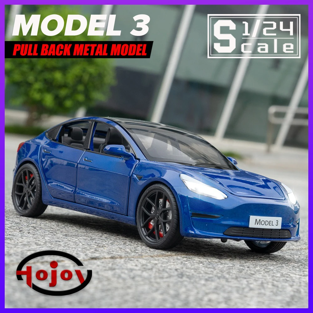 

Metal Cars Toys Scale 1/24 Tesla Model 3 Diecast Alloy Car Model for Boys Children Kids Toy Vehicles Sound and Light Pull Back