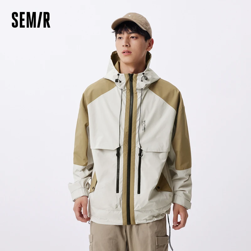 

Semir Coat Men 2024 New Autumn Waterproof and Stain-Resistant Outdoor Style Printing Splicing Jacket Loose Hooded Top