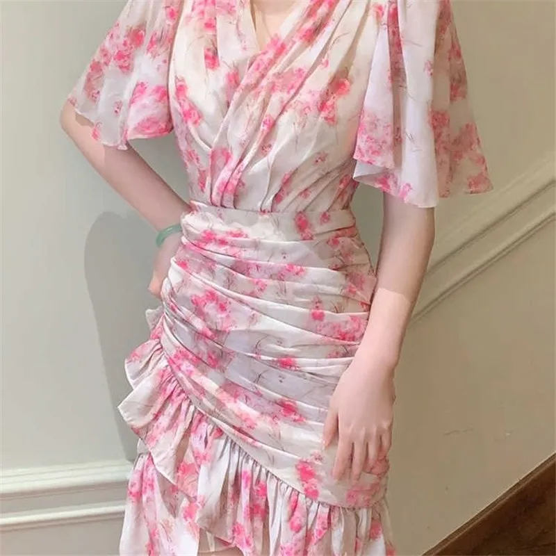 

Summer Elegant Colorfull Irregular Fishtail Long Dress Slimming V-neck Short Sleeve Fragmented Flower Dress