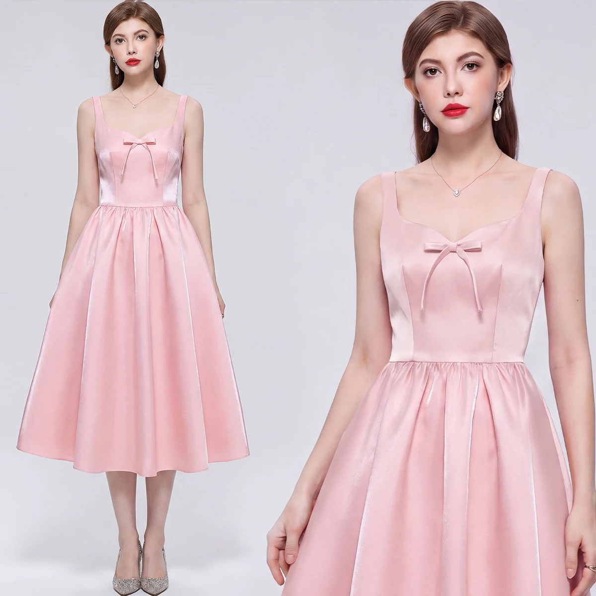 

Elegant High Waist A-Line Midi Dress Pink Sleeveless Strapless Women's Dress Celebrity Slimming Gown Polyester Fiber