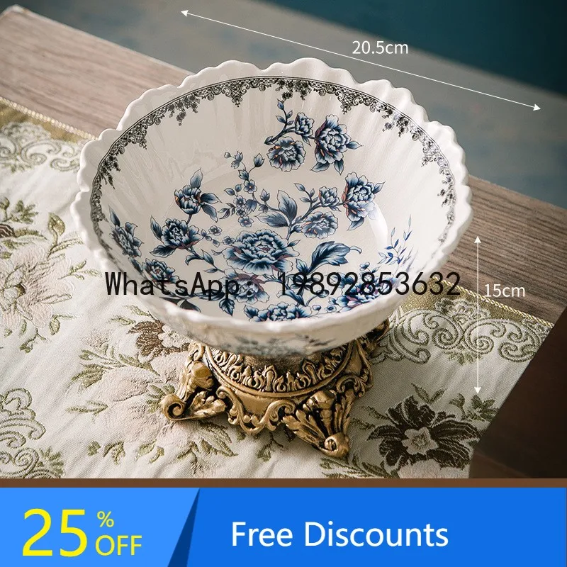 

FZ French European Retro Ceramic Fruit Plate Villa Living Room Household High Foot Bowl European Style