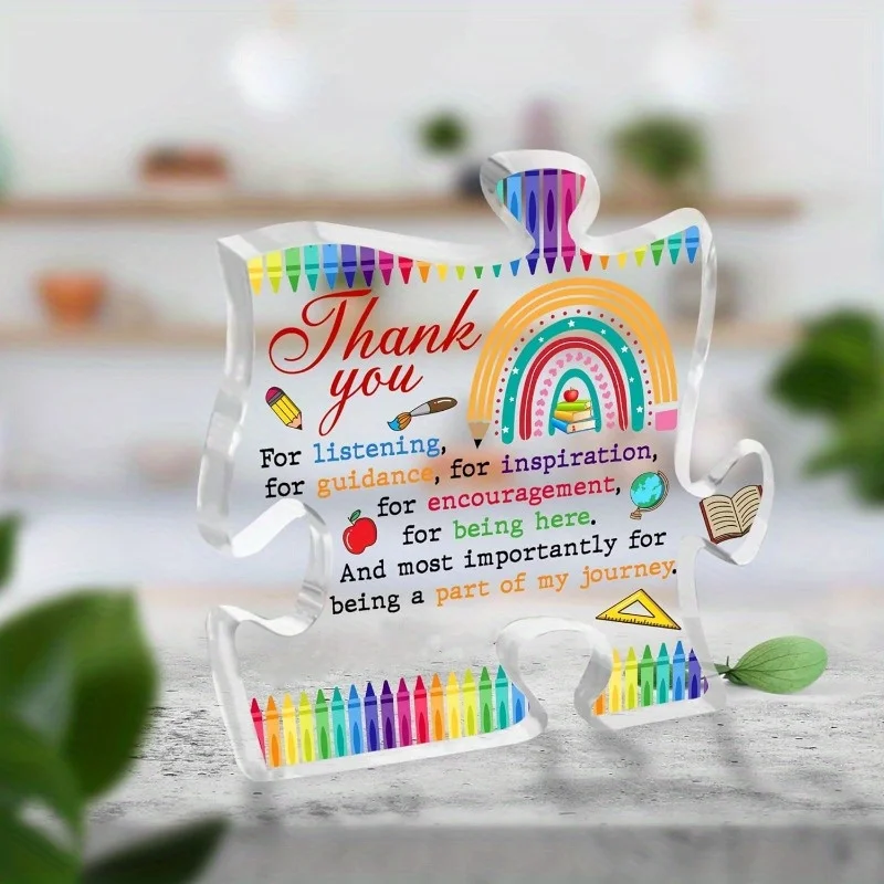 Thank You Teacher Puzzle Acrylic Plaque, Inspirational Desktop Decor for Appreciation Gift, Retirement Graduation Birthday Coach
