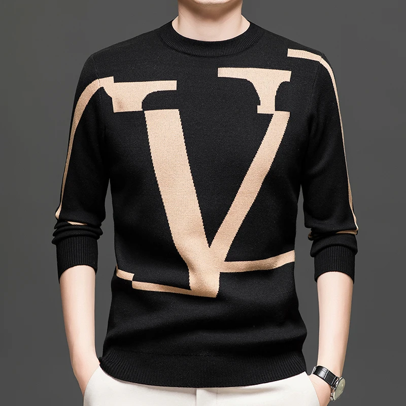 

European Trendy Jacquard Sweater Men's High-End Slim Fit Knitwear 2025 New Fall/Winter Thermal Base Layer for Men