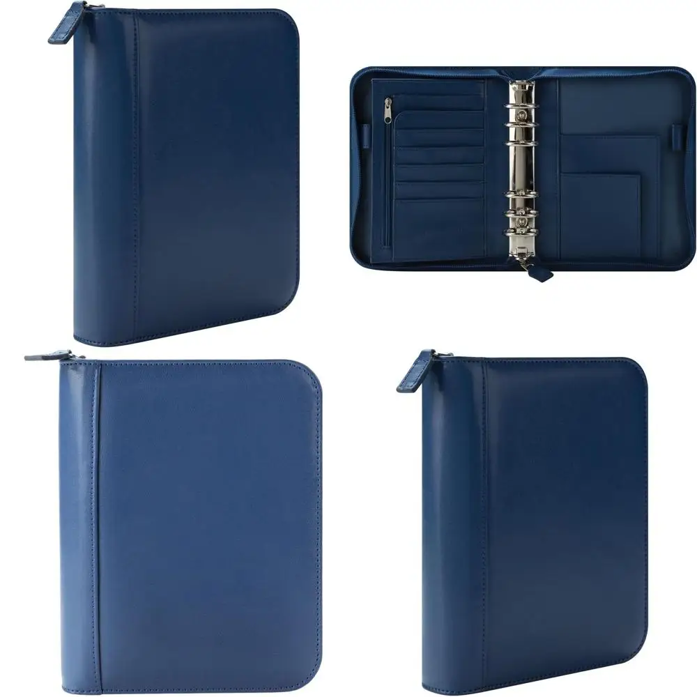 

Кожаный блокнот с кольцевым механизмом или компактный ежедневник на молнии синего цвета