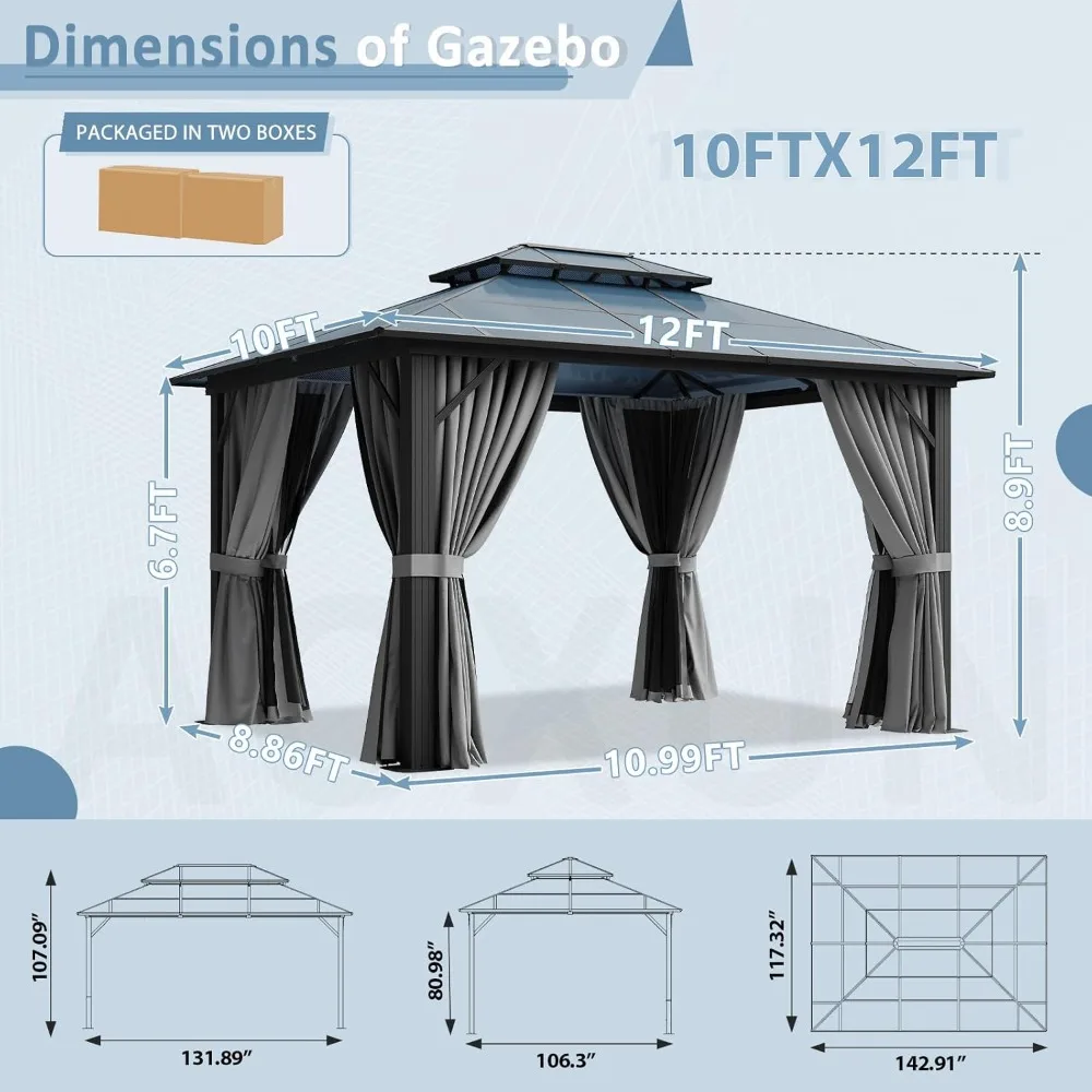 

10'x12' Aluminum Framed Hardtop Gazebo Outdoor Pavilion with Double Polycarbonate Roof Durable Customizable Gazebo