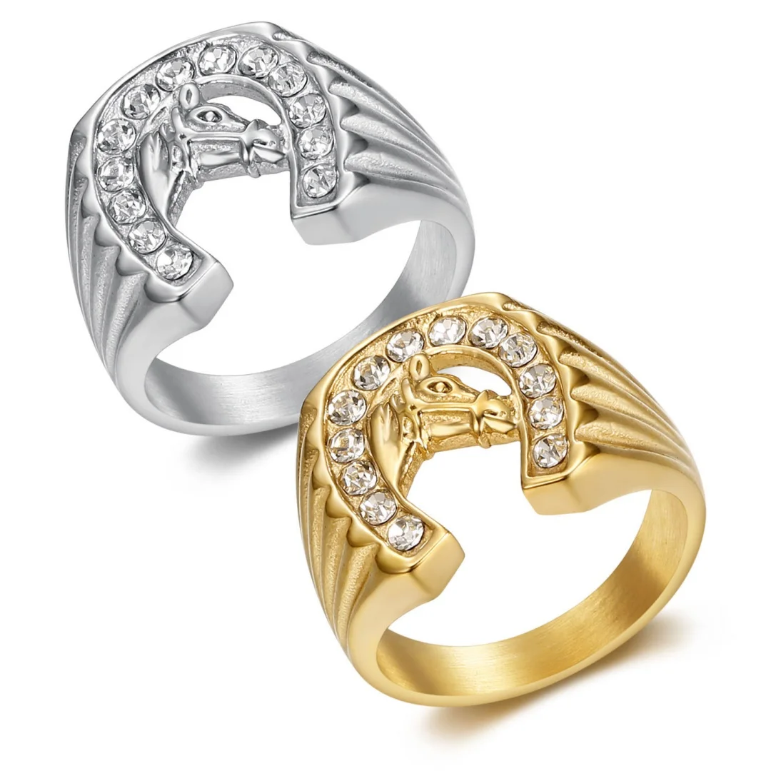 Punk Iced Out Bling CZ Horse Head Ring Gold Silver Color Stainless Steel Animal Rings for Women Men Fashion Party Jewelry Gift