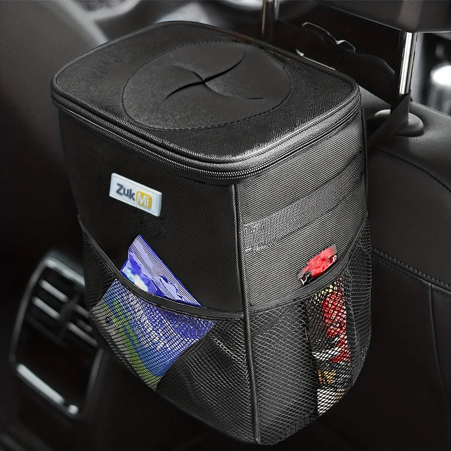 ZukMi Trash Can with Lid and Storage Pockets, 100% Leak-Proof Organizer, Waterproof Garbage Can, Multipurpose Trash Bin for Car