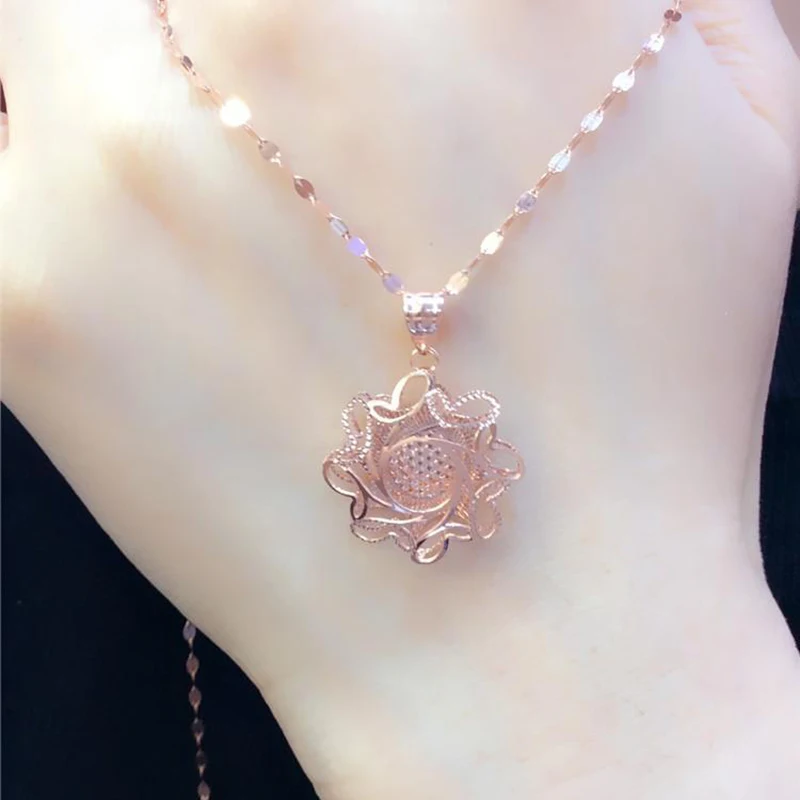 585 Purple Gold Plated 14K Rose Gold Sunflower Pendant Openwork Fashion Shine Choker Necklace Charm Engagement Jewelry