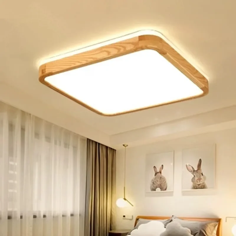 LED Ceiling Light Wood Round Square for Living Room Bedroom Indoor Lighting Fixture Surface Mounted Lamp Remote Control Dimmable