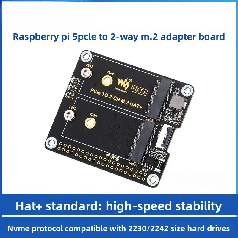 PCIe-zu-Zweikanal-M.2-Adapterplatine – geeignet für Raspberry Pi 5 – NVMe-Protokoll – HAT+ Standard